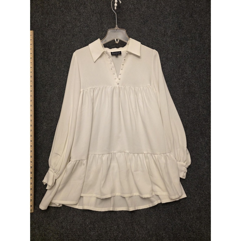 Danielle Bernstein Blouse Womens XS White Tiered Ruffle Tunic Top‎ Long Sleeve